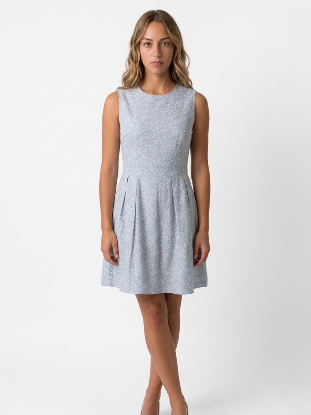 Gap Fit & Flare Floral Dress Light Blue/White Sleeveless Cotton Zip Lined s 2